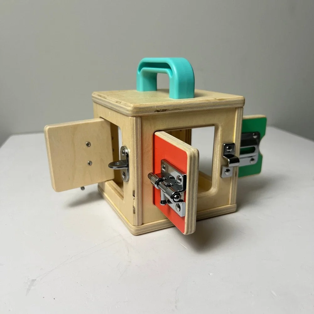 Lovevery Lockbox Toy Toddler OS Tan Montessori Wooden Latches Activity Cube Box